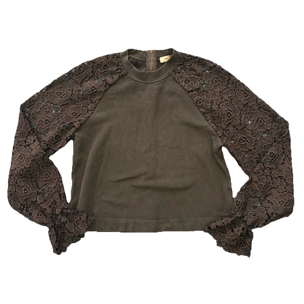 Three Floor Black Fleece Lace Sweatshirt Blouse Women’s Size Medium Athleisure